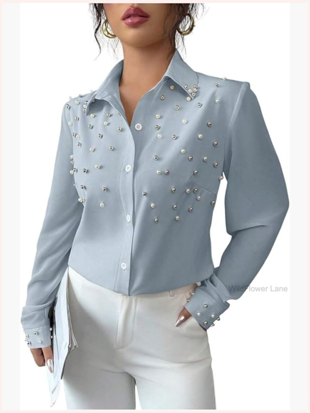 Long Sleeve Button Down Blouse with Pearl Beads Office Work Top